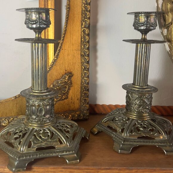 Antique Ornate Brass Candlestick Holders Cherubs Baroque Victorian Mantle 8” - Picture 2 of 14